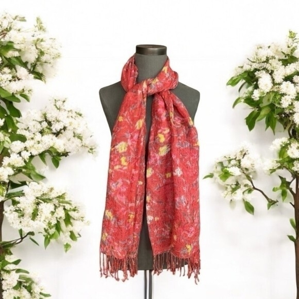 Women's Pink Floral Print Fringe Scarf 76"x28" Cotton Mesh Wrap Shawl Sarong VG